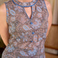 Misty Grey-Blue Floral Hand Block Print Mul Cotton Kurta with Halter Neck and Lace Hem Border