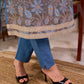 Misty Grey-Blue Floral Hand Block Print Mul Cotton Kurta with Halter Neck and Lace Hem Border