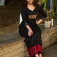 Black Cotton Panel Kurta with Ikat Accents in Sleeves and Flare, Embellished with Delicate Mirrors