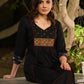 Black Cotton Panel Kurta with Ikat Accents in Sleeves and Flare, Embellished with Delicate Mirrors