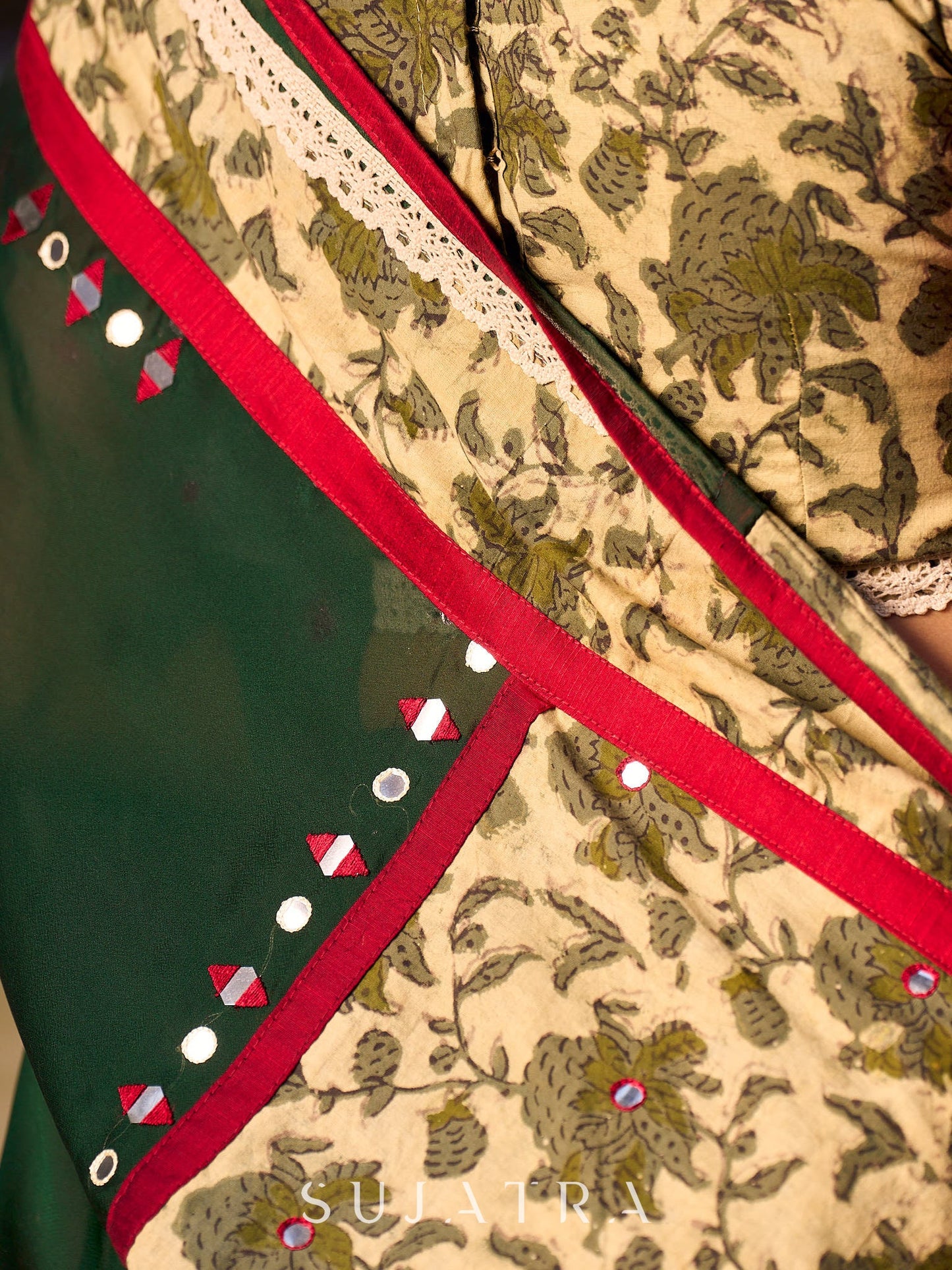 Lustrous Dark Green Silk Saree with Natural Floral Print Border