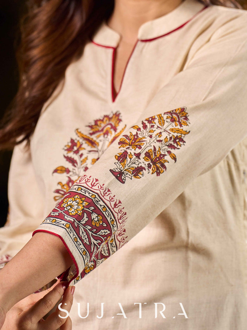 Minimal Off White Cotton Flex Kurta with Floral Hand Block Prints And Intricate Border