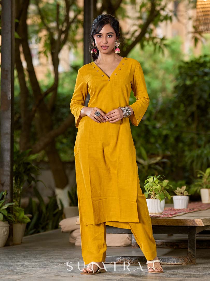 Bright Mustard Cotton Kurta with Classic V Neckline