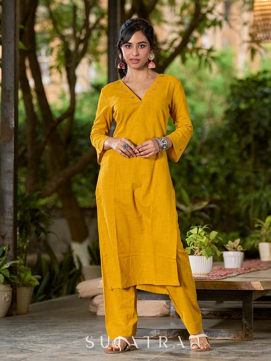 Bright Mustard Cotton Kurta with Classic V Neckline