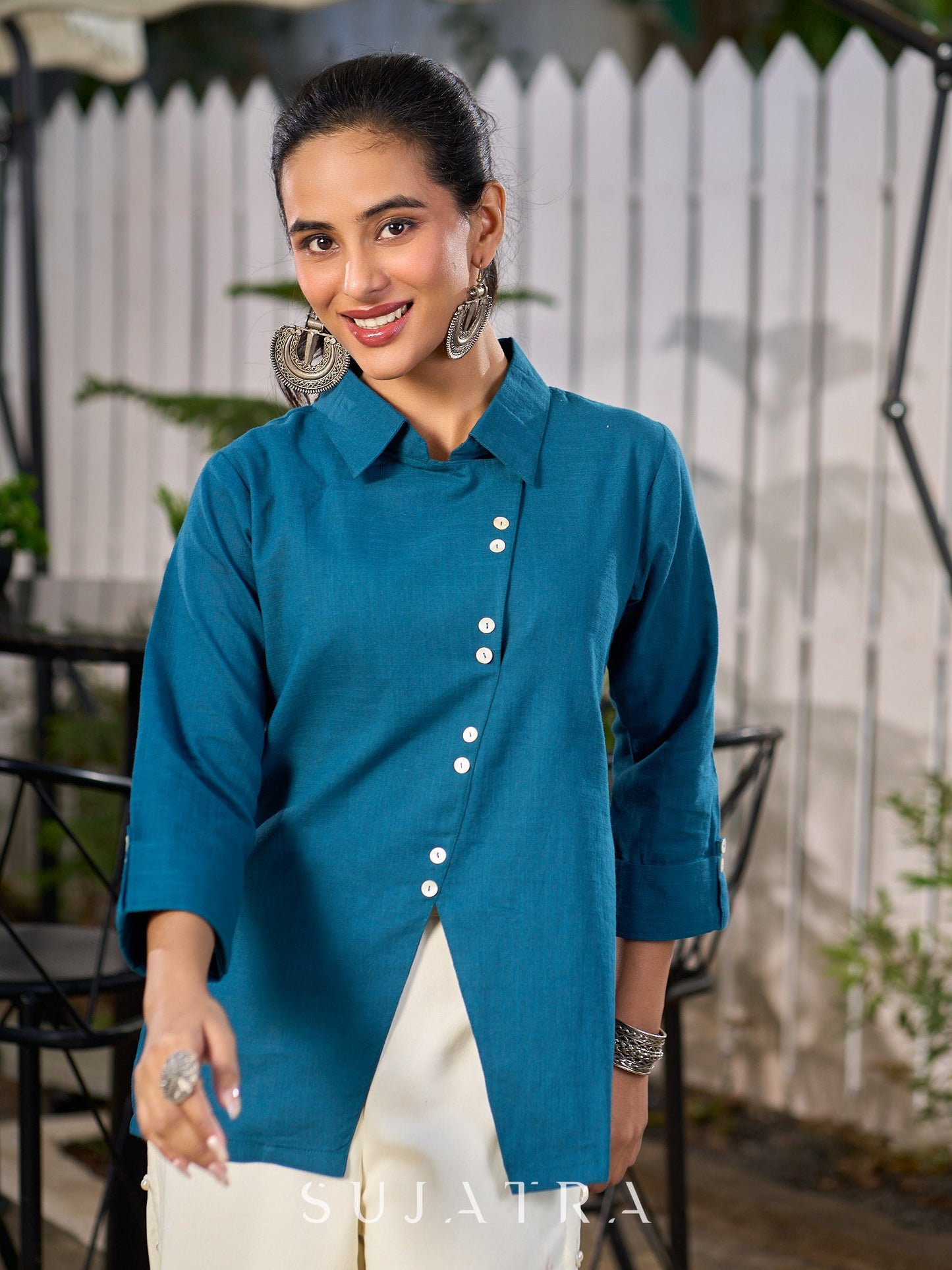 Teal Blue Cotton Shirt With Contemporary Asymmetrical Cut