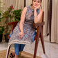 Misty Grey-Blue Floral Hand Block Print Mul Cotton Kurta with Halter Neck and Lace Hem Border