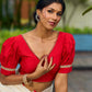 Traditional Ivory Chanderi Saree with Red-Gold Scalloped Border & Hand Embroidered Pallu
