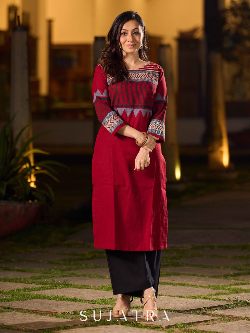 Timeless Maroon Cotton Hand Block Printed Kurta with Geometric Patterns And Structured Silhouette