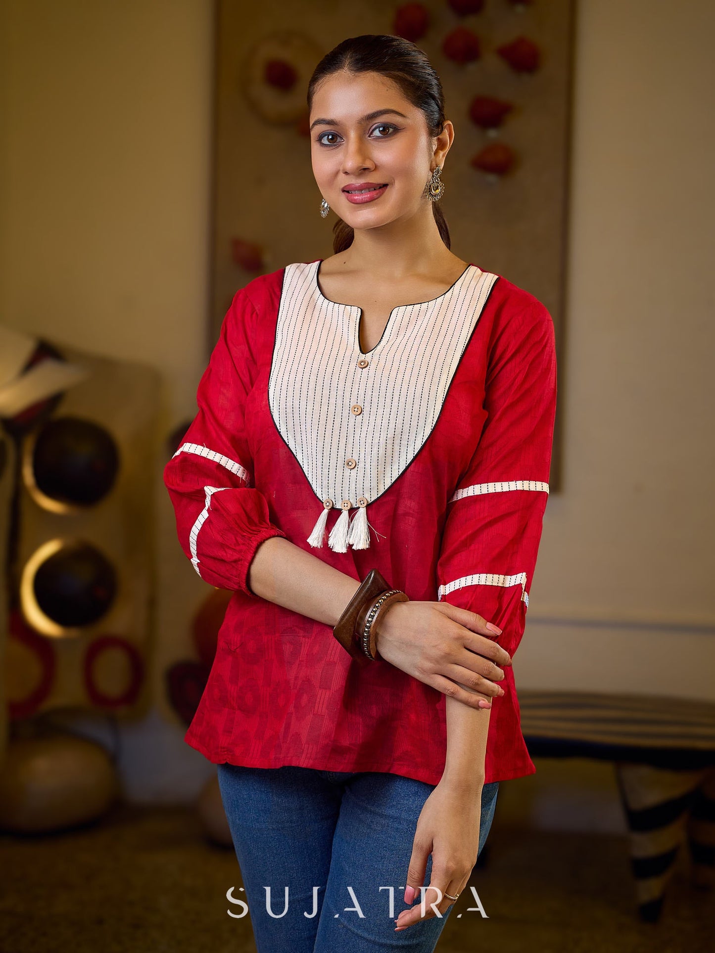 Regal Red Jacquard Woven Cotton Top with Traditional Kantha Striped Yoke Detail