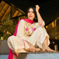 Graceful White Cotton Kurta Adorned with Striking Kashida Embroidery with Graceful Pink Chiffon Dupatta with Delicate Pearl & Mirror Lace