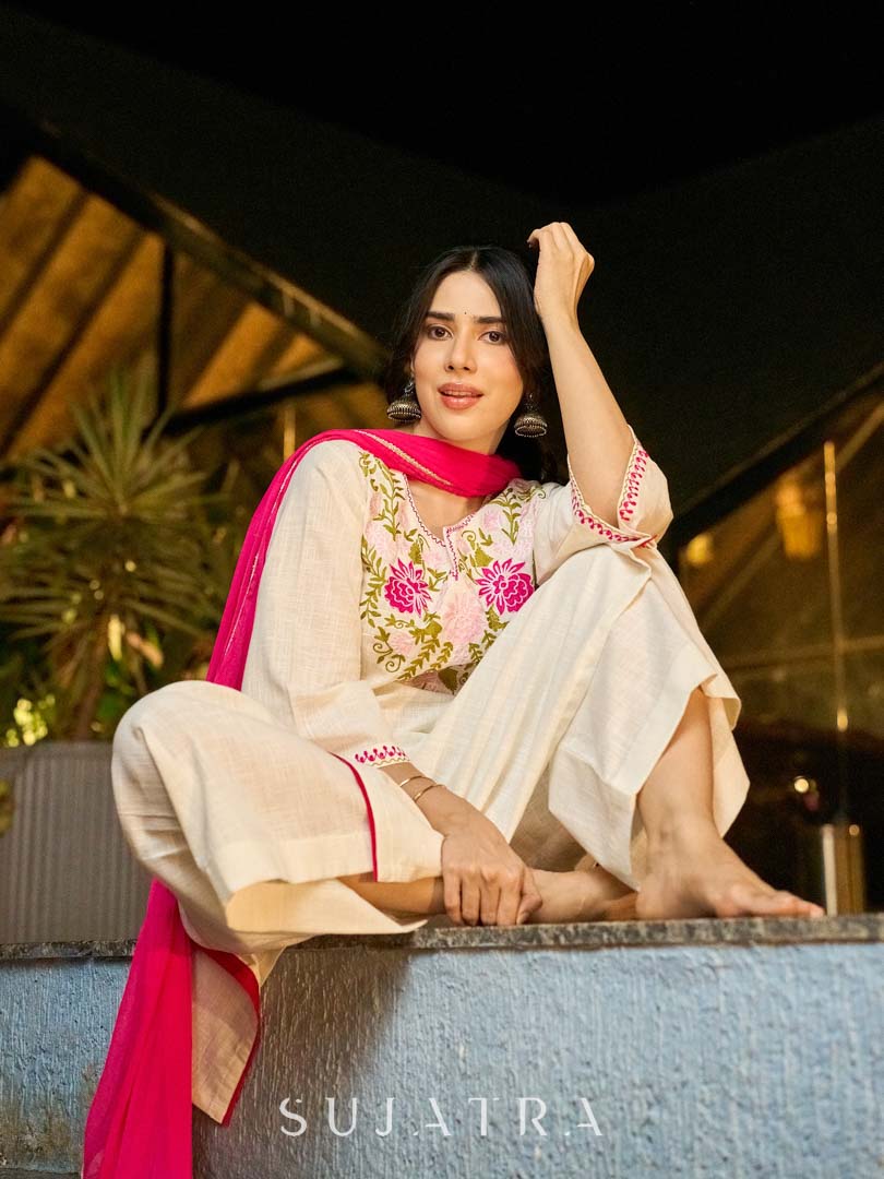 Graceful White Cotton Kurta Adorned with Striking Kashida Embroidery with Graceful Pink Chiffon Dupatta with Delicate Pearl & Mirror Lace