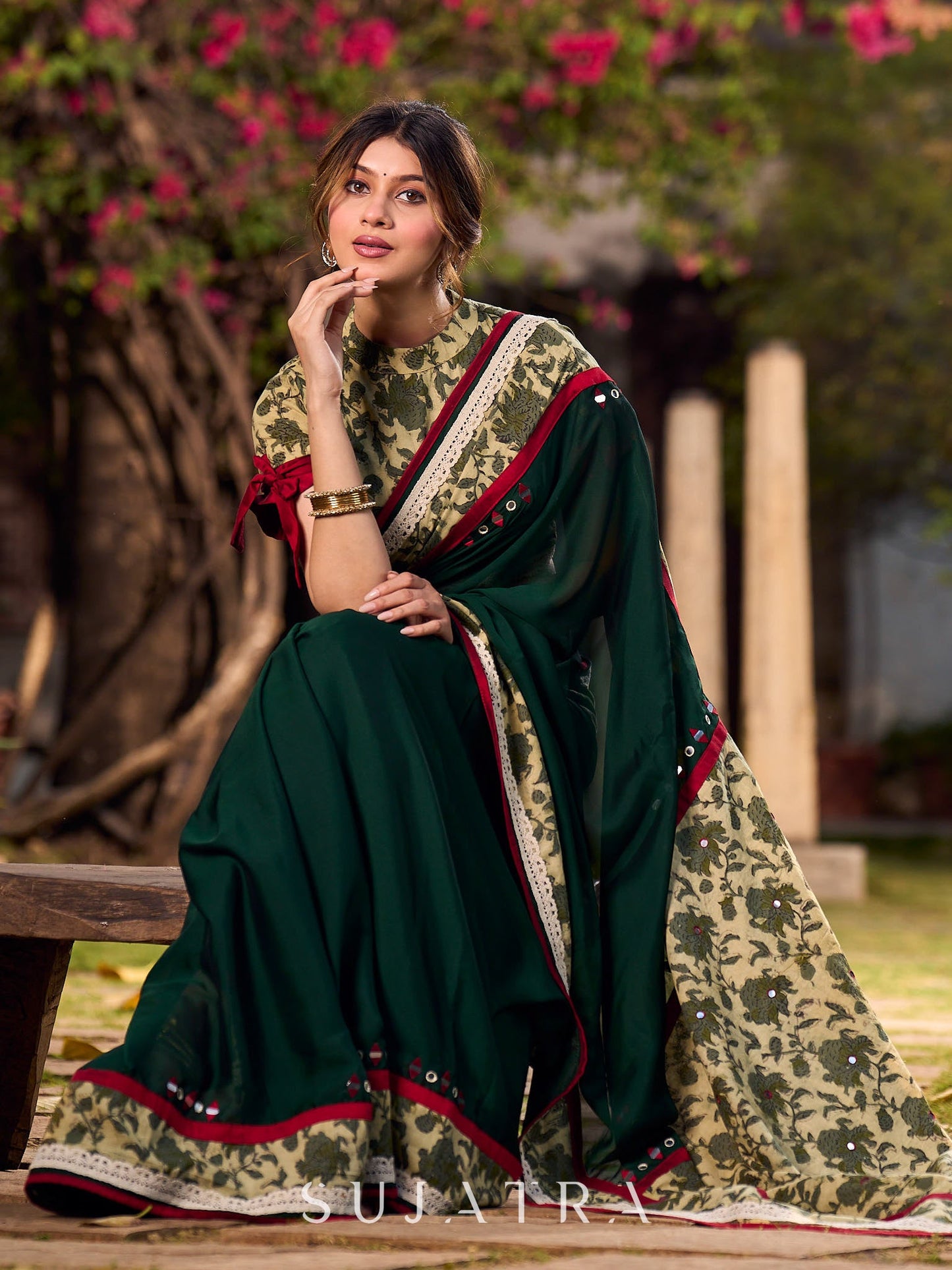 Lustrous Dark Green Silk Saree with Natural Floral Print Border