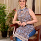 Misty Grey-Blue Floral Hand Block Print Mul Cotton Kurta with Halter Neck and Lace Hem Border