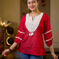 Regal Red Jacquard Woven Cotton Top with Traditional Kantha Striped Yoke Detail
