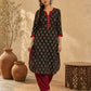 Elegant Black Ajrakh Booti Print Kurta with Wooden Buttons & Maroon Contrast Neckline Detail