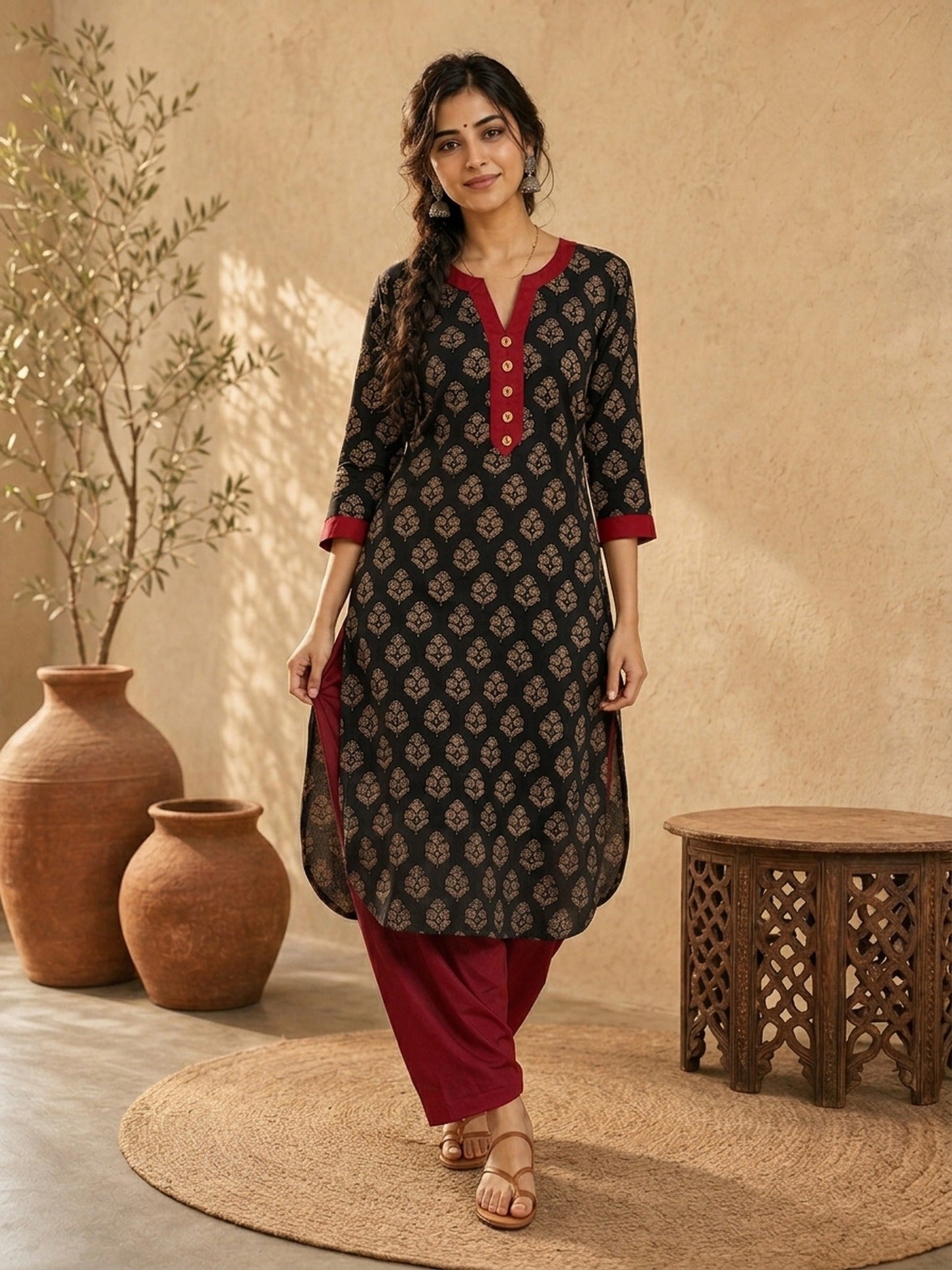 Elegant Black Ajrakh Booti Print Kurta with Wooden Buttons & Maroon Contrast Neckline Detail