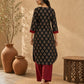 Elegant Black Ajrakh Booti Print Kurta with Wooden Buttons & Maroon Contrast Neckline Detail