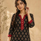 Elegant Black Ajrakh Booti Print Kurta with Wooden Buttons & Maroon Contrast Neckline Detail