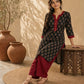 Elegant Black Ajrakh Booti Print Kurta with Wooden Buttons & Maroon Contrast Neckline Detail