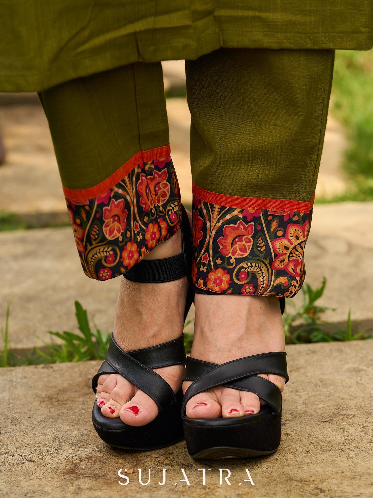Olive Straight Pant with Vibrant Printed Border