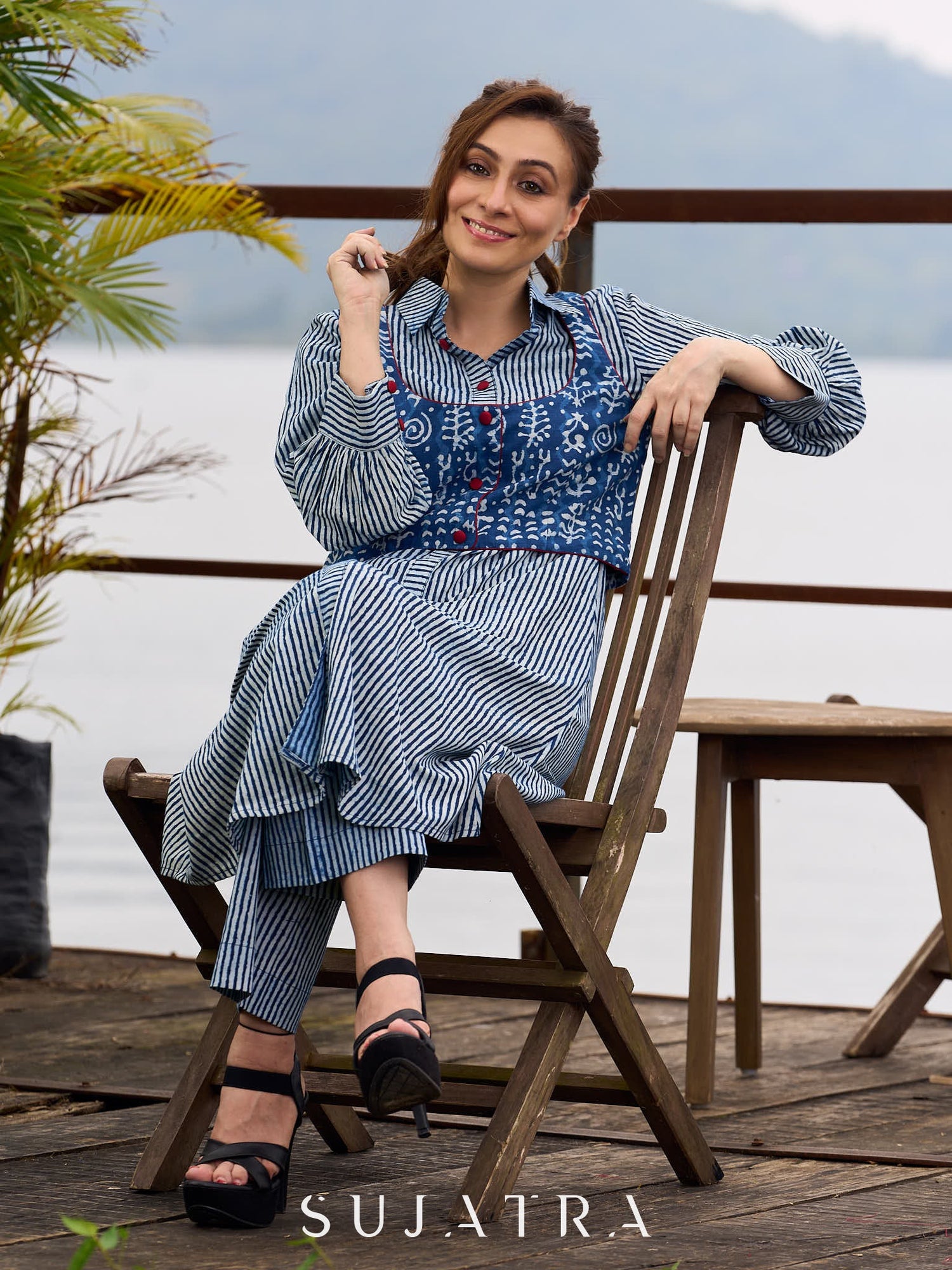 Indigo Printed Sleeveless Jacket with Maroon accents and Open-Front Design