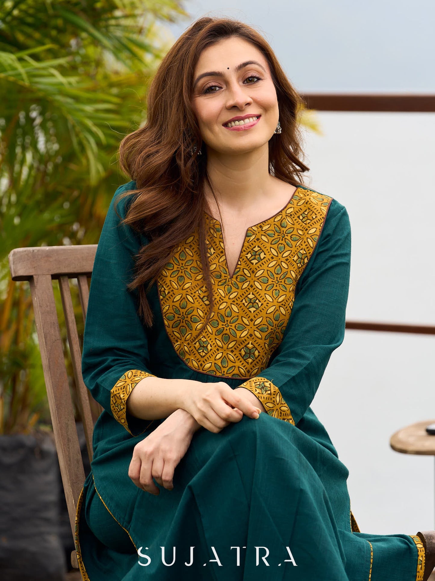 Artisanal Teal Cotton Kurta featuring Contrast Mustard Ajrakh Print Panel