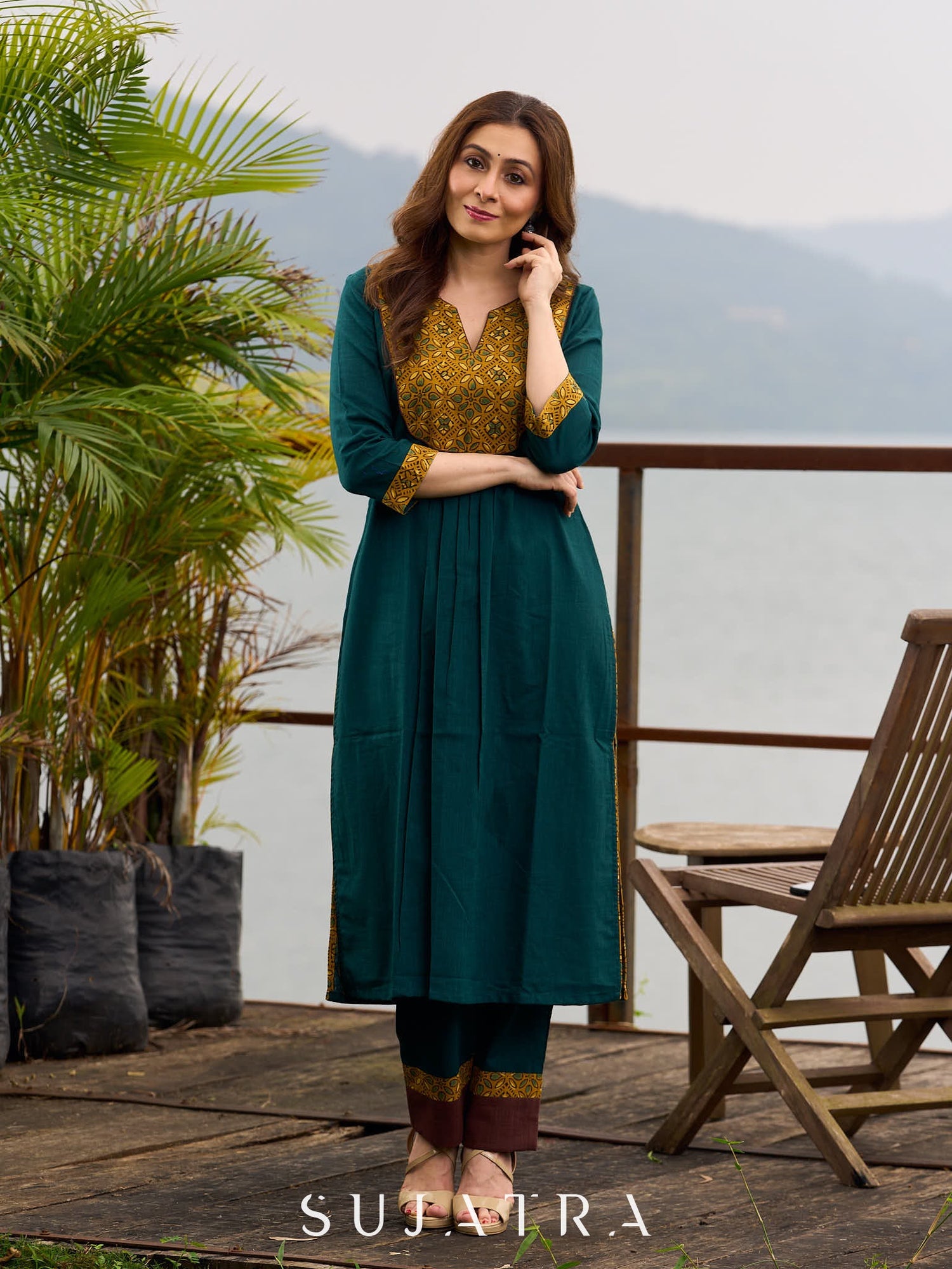 Artisanal Teal Cotton Kurta featuring Contrast Mustard Ajrakh Print Panel