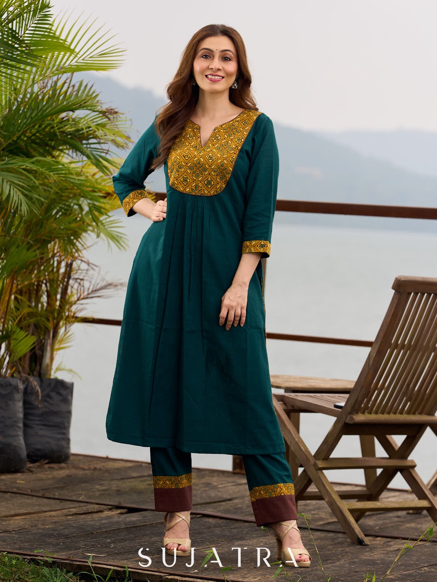 Artisanal Teal Cotton Kurta featuring Contrast Mustard Ajrakh Print Panel