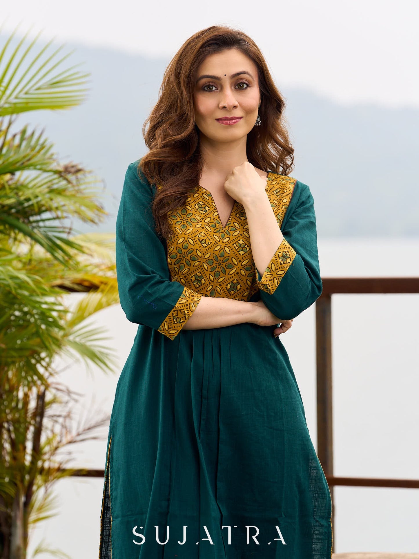 Artisanal Teal Cotton Kurta featuring Contrast Mustard Ajrakh Print Panel