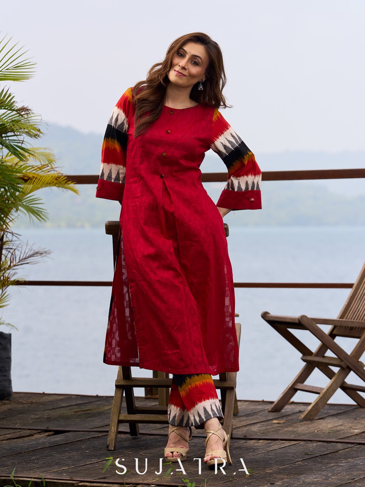 Elegant Red Cotton Jamdani Kurta with Complementing Ikat Patterned Sleeves and Front Pleat Details