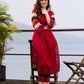 Elegant Red Cotton Jamdani Kurta with Complementing Ikat Patterned Sleeves and Front Pleat Details
