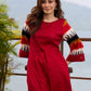 Elegant Red Cotton Jamdani Kurta with Complementing Ikat Patterned Sleeves and Front Pleat Details