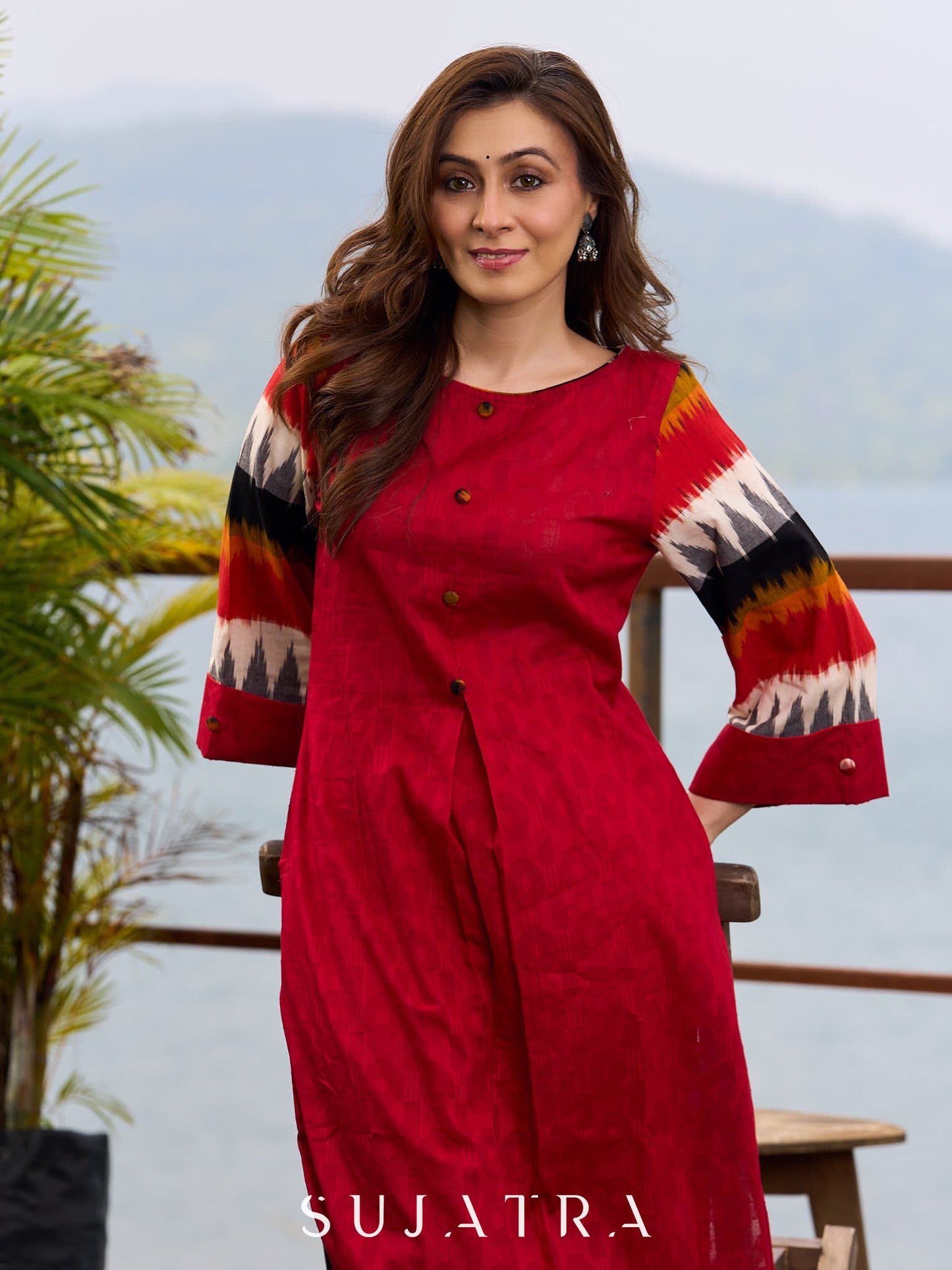 Elegant Red Cotton Jamdani Kurta with Complementing Ikat Patterned Sleeves and Front Pleat Details