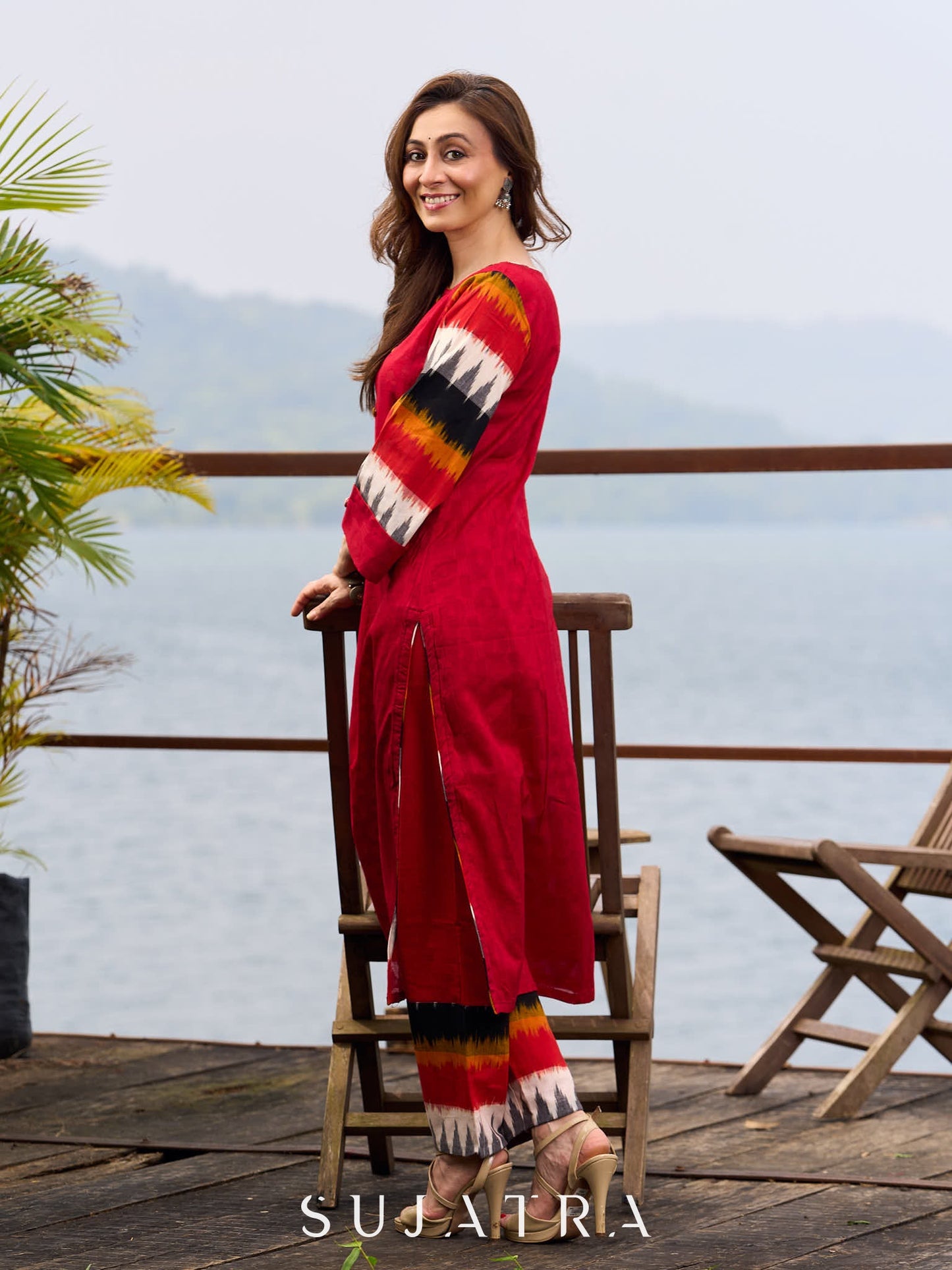Elegant Red Cotton Jamdani Kurta with Complementing Ikat Patterned Sleeves and Front Pleat Details