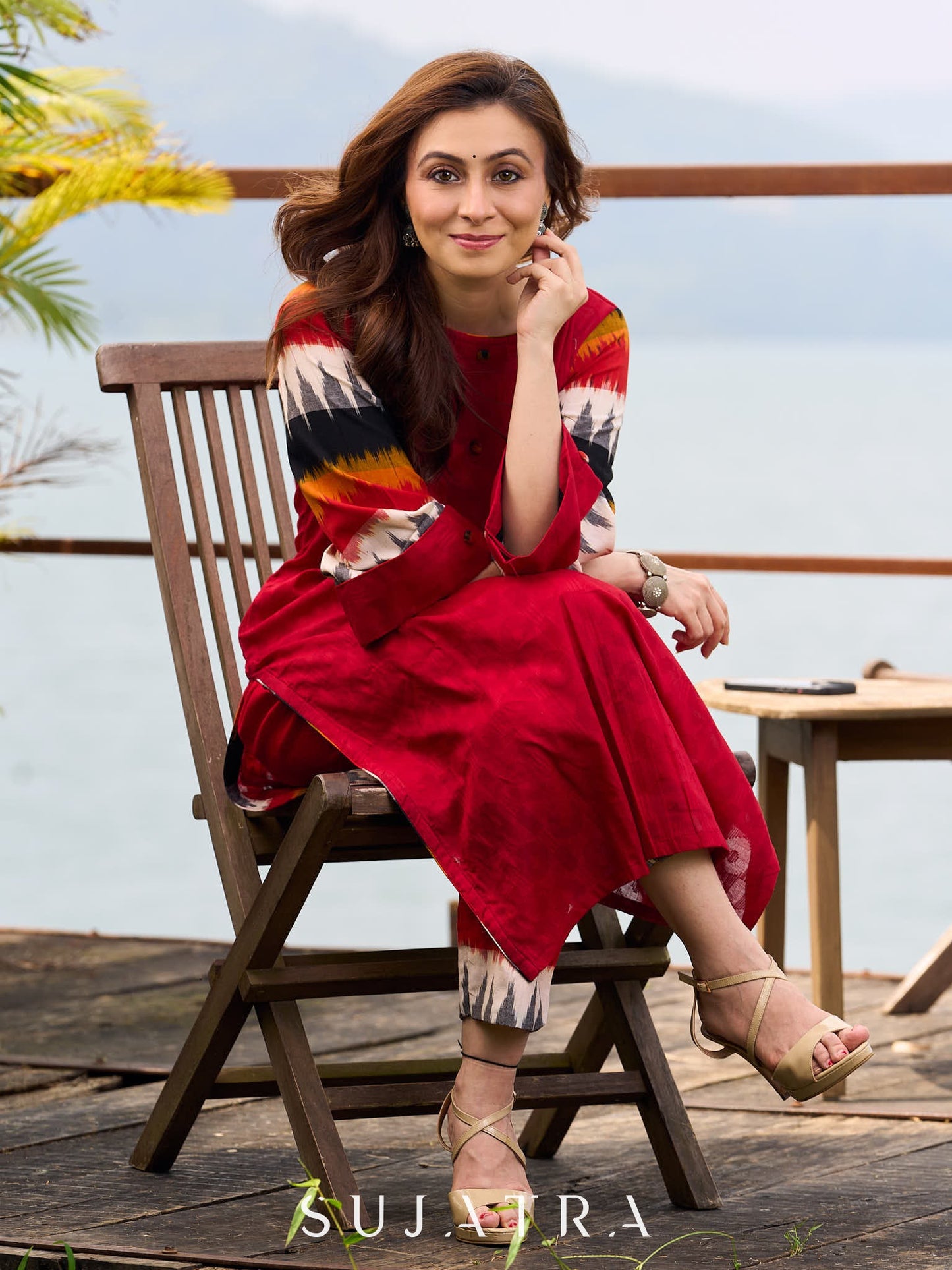 Red Cotton Pant with Multicolour Ikat Border