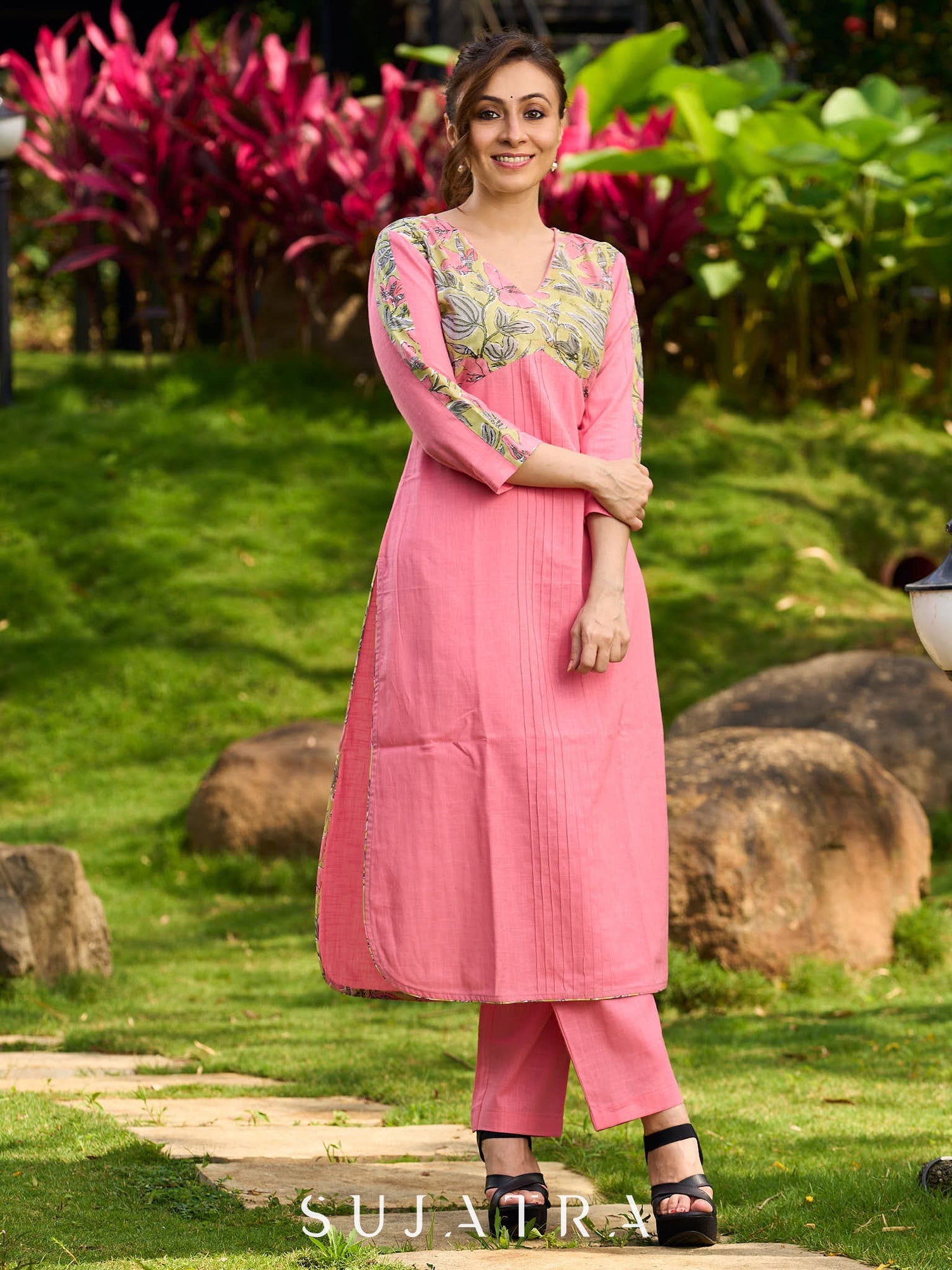 Charming Pink and Green Floral Kurta featuring Delicate Centre Pintucks