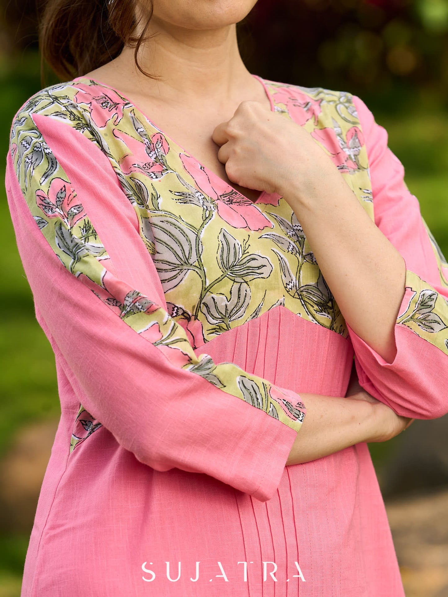 Charming Pink and Green Floral Kurta featuring Delicate Centre Pintucks