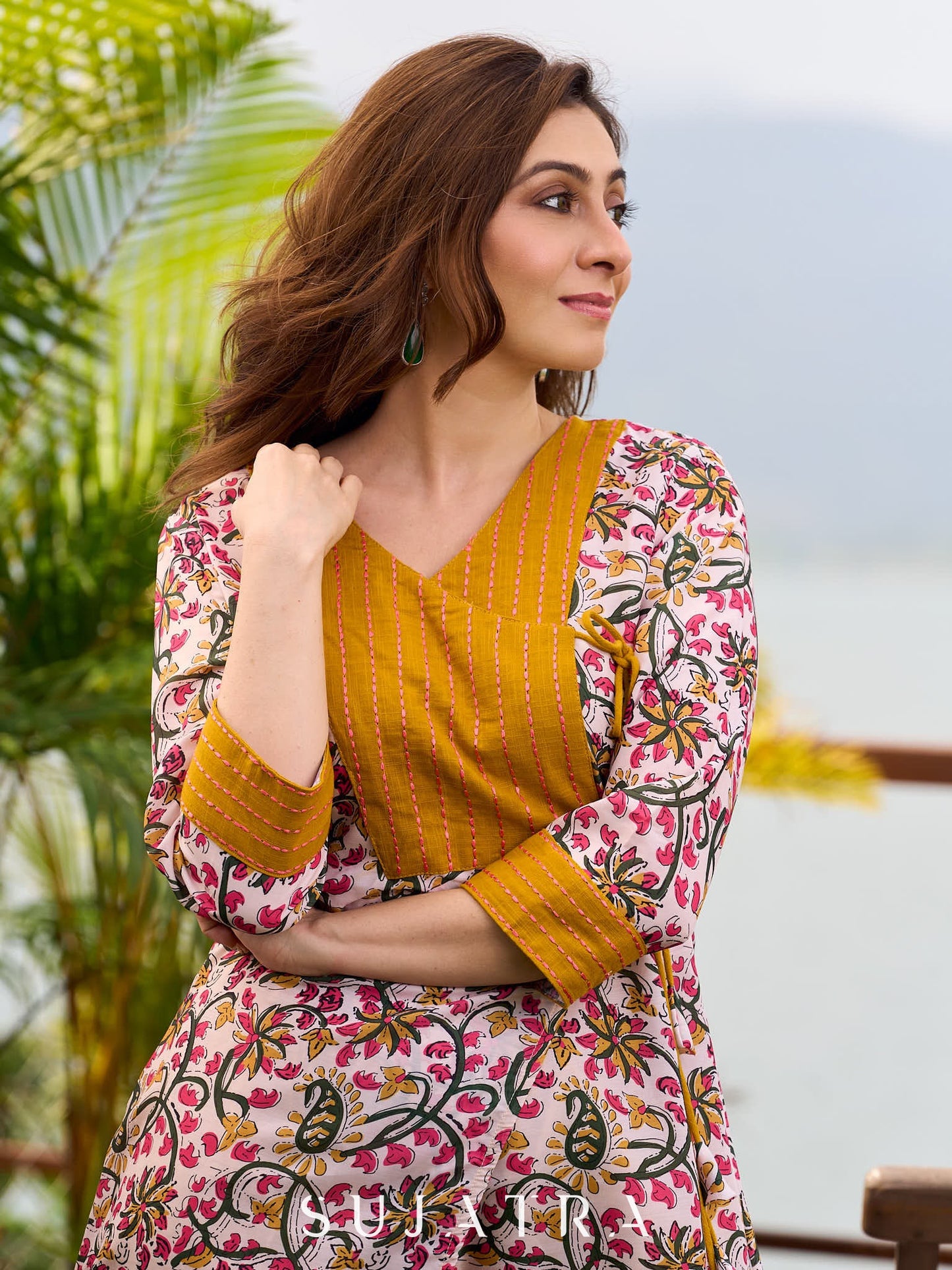 Charming Floral Print Angarkha Kurta featuring Contrast Mustard Embroidered Yoke