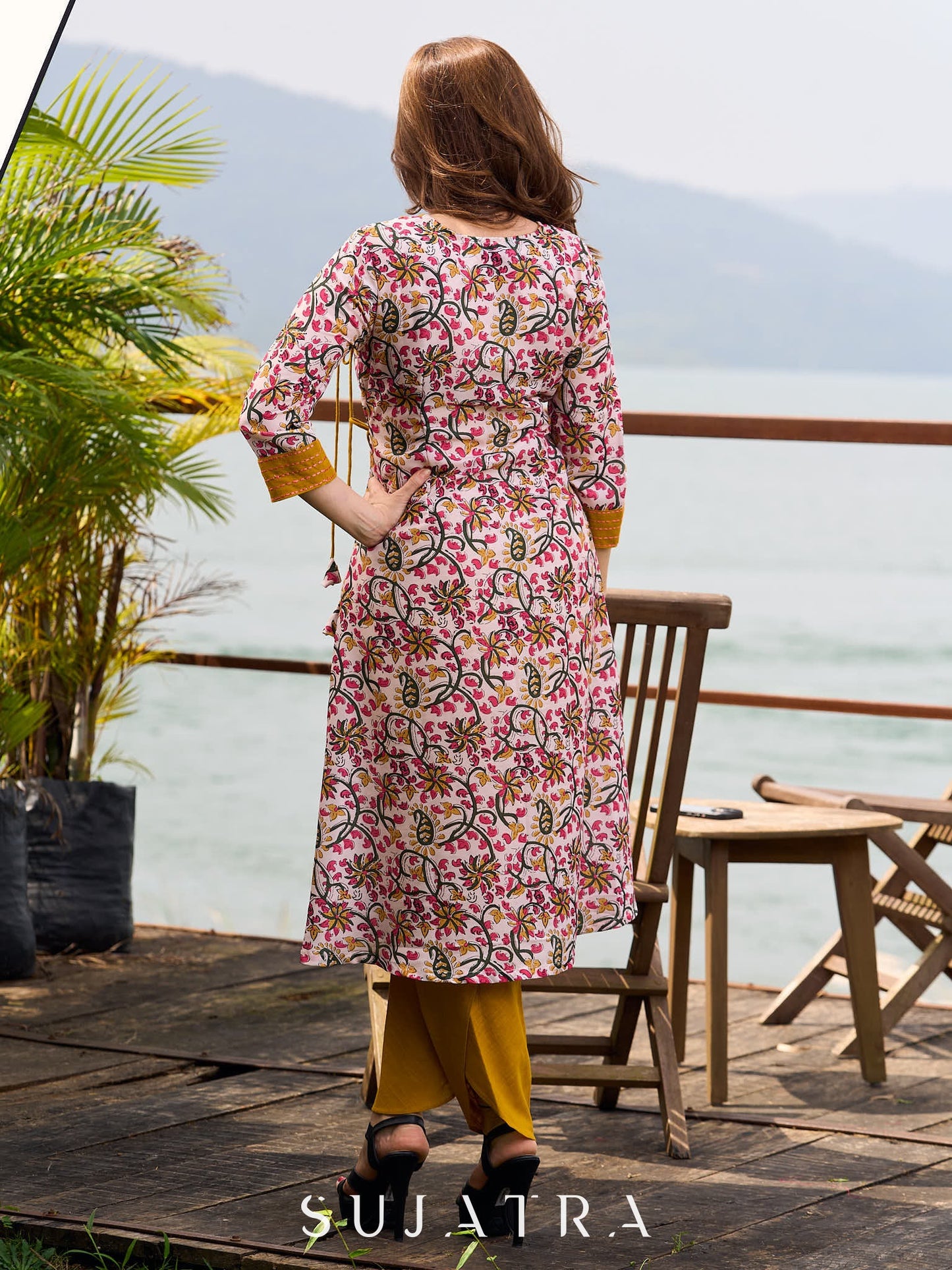 Charming Floral Print Angarkha Kurta featuring Contrast Mustard Embroidered Yoke