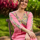 Charming Pink and Green Floral Kurta featuring Delicate Centre Pintucks