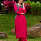 Magenta Rayon Kurta with Blue Printed Viscose Panel Detailing