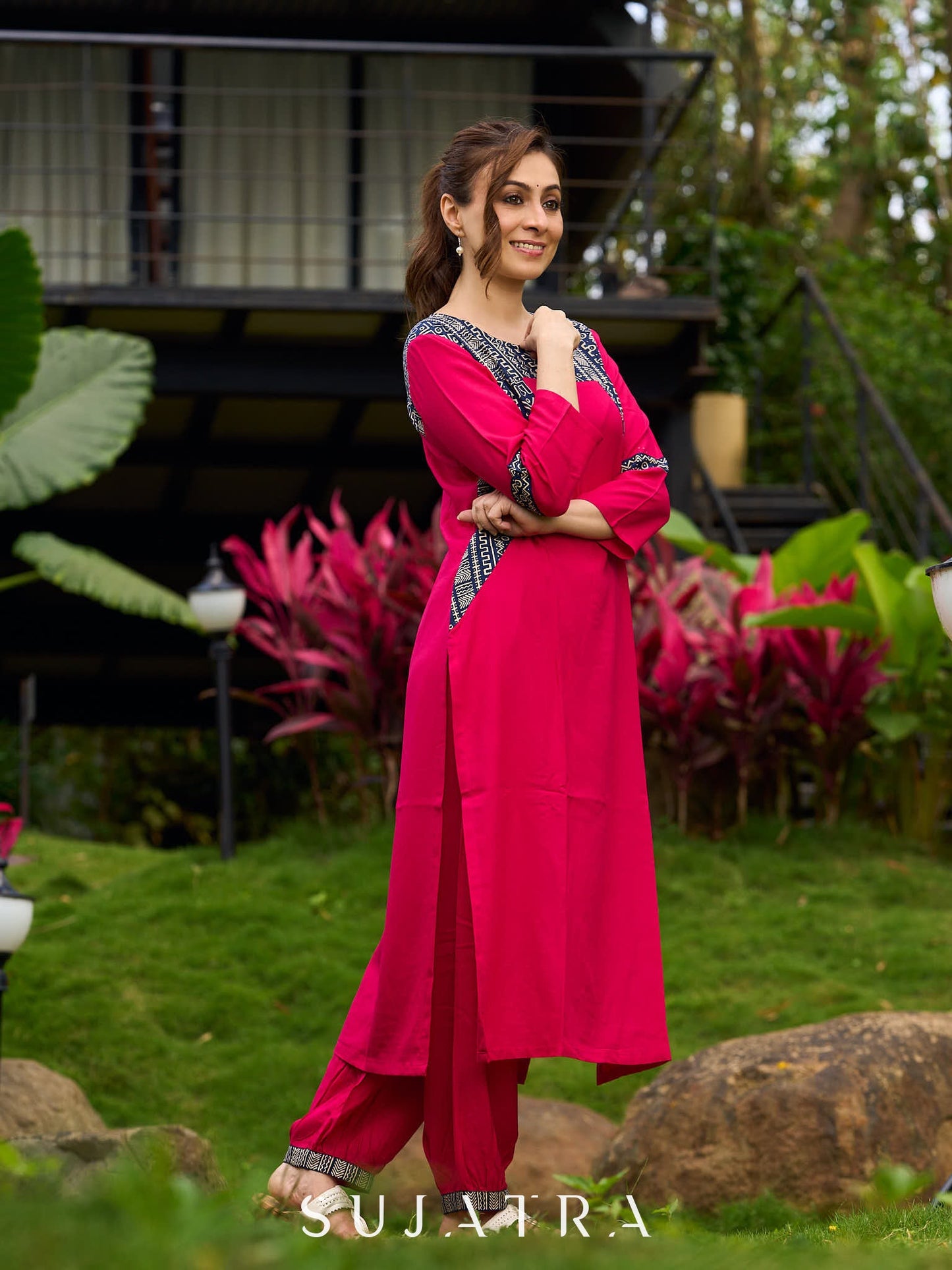 Magenta Rayon Kurta with Blue Printed Viscose Panel Detailing