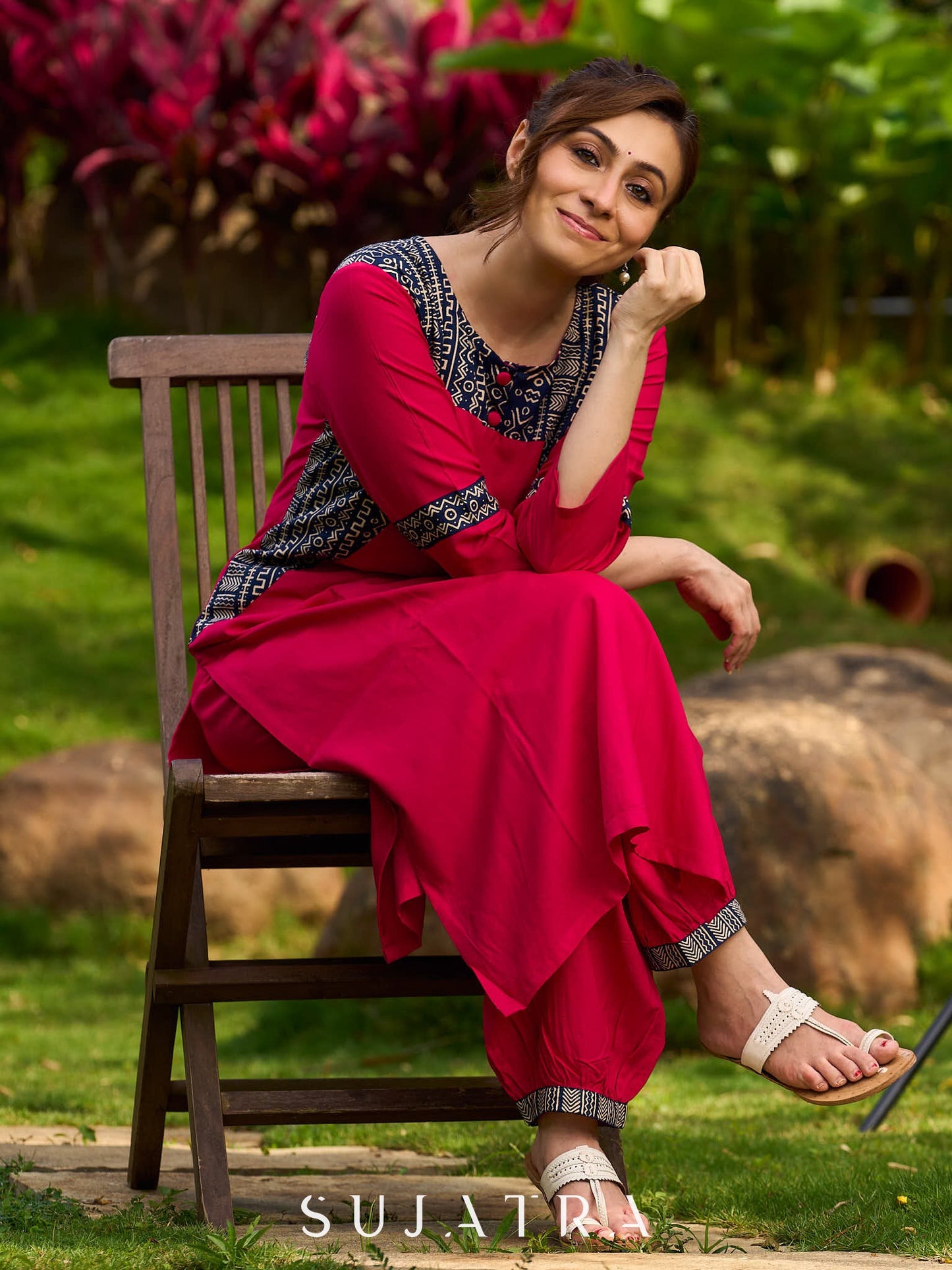 Magenta Rayon Kurta with Blue Printed Viscose Panel Detailing