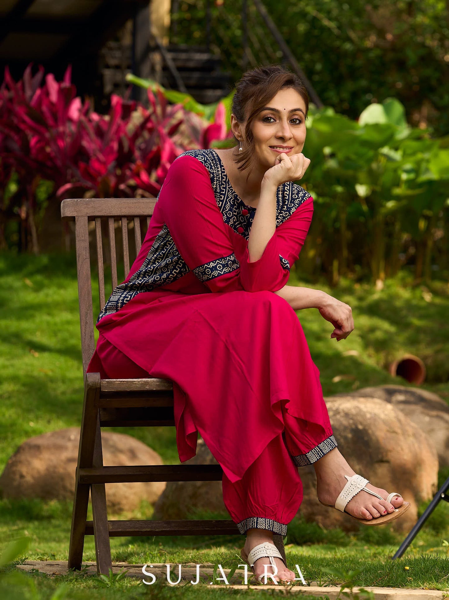Magenta Rayon Kurta with Blue Printed Viscose Panel Detailing
