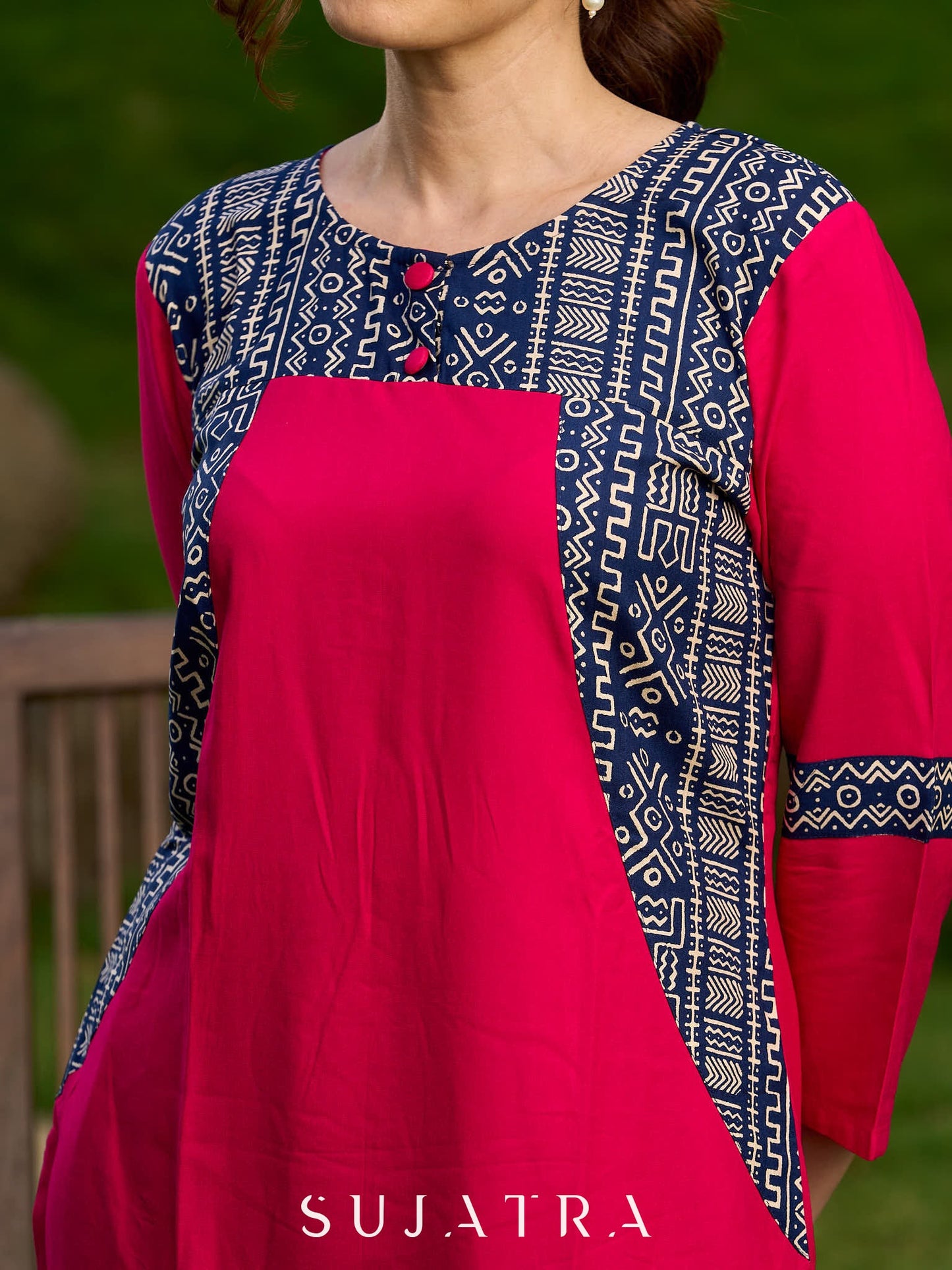 Magenta Rayon Kurta with Blue Printed Viscose Panel Detailing