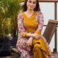 Charming Floral Print Angarkha Kurta featuring Contrast Mustard Embroidered Yoke