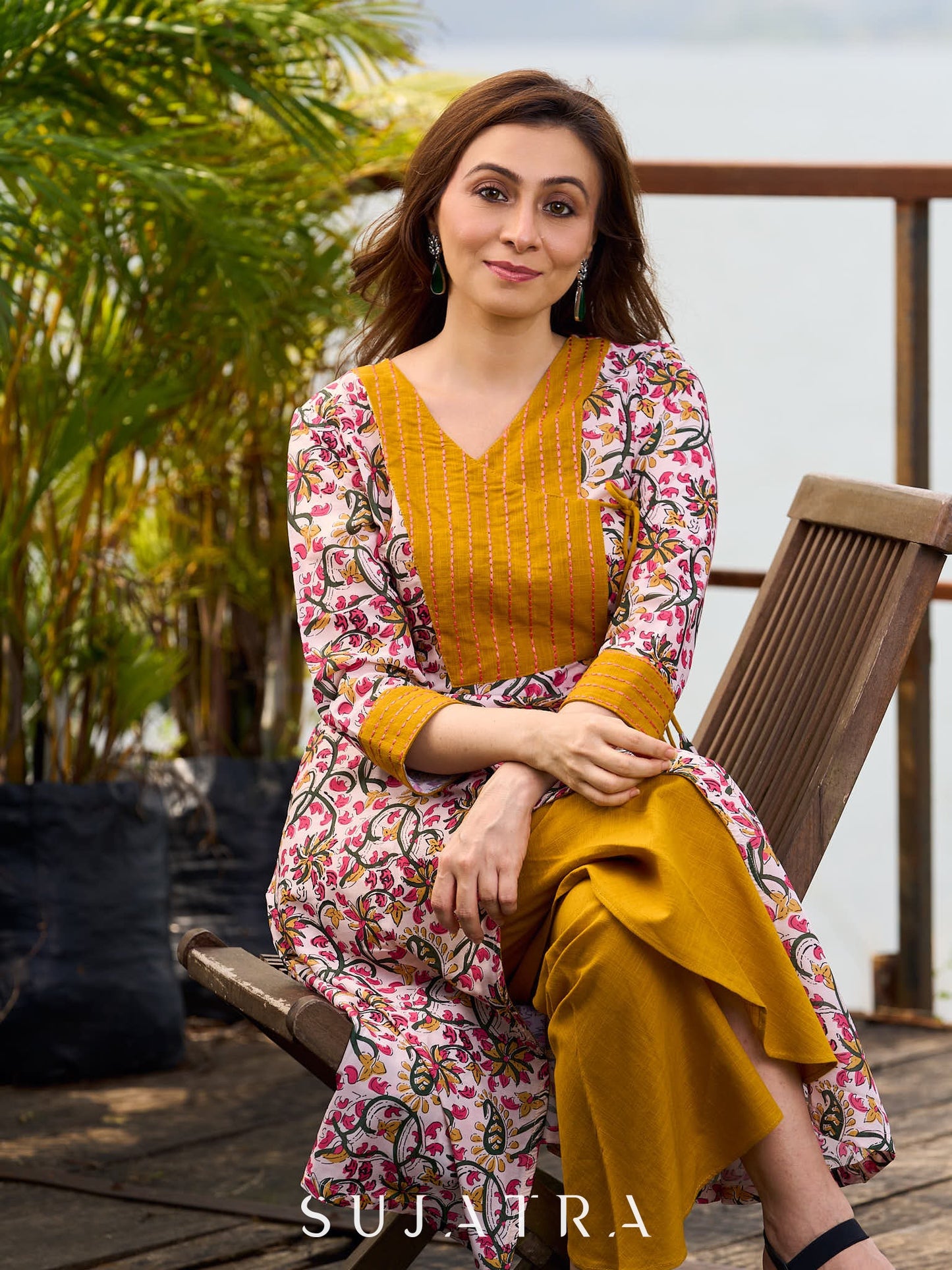 Charming Floral Print Angarkha Kurta featuring Contrast Mustard Embroidered Yoke