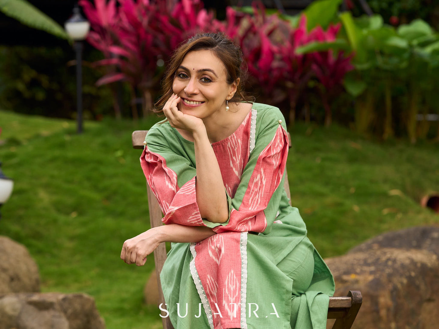 Subtle Pista Cotton Kurta featuring Asymmetric Peach Ikat Border Detailing