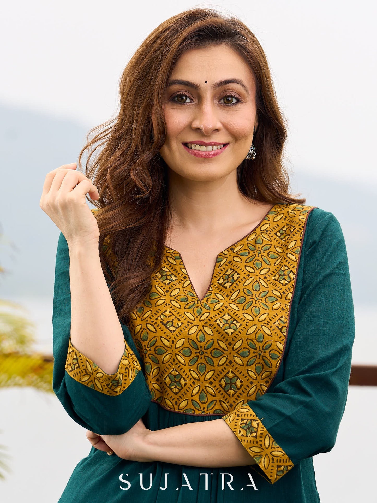 Artisanal Teal Cotton Kurta featuring Contrast Mustard Ajrakh Print Panel