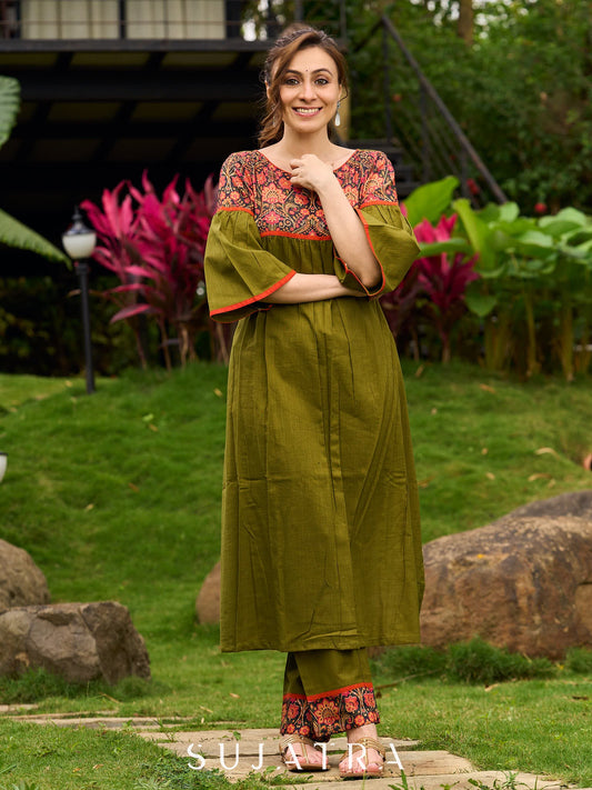 Olive Cotton Kurta with Digital Printed Yoke and Vibrant Orange Accents